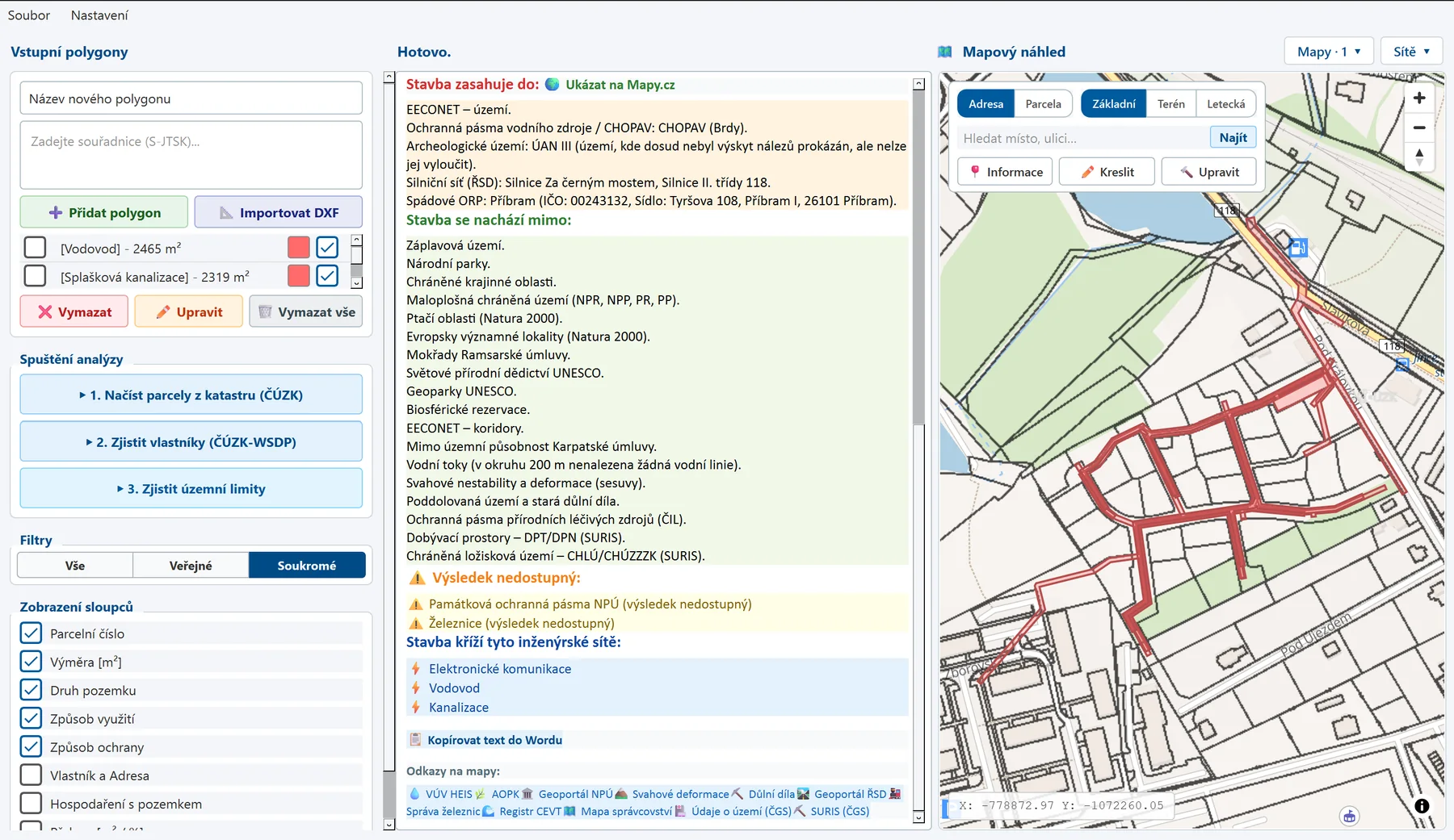 Okno aplikace Mapohled: levý panel se vstupními polygony, střední panel s výsledky analýzy a pravý panel s mapovým náhledem